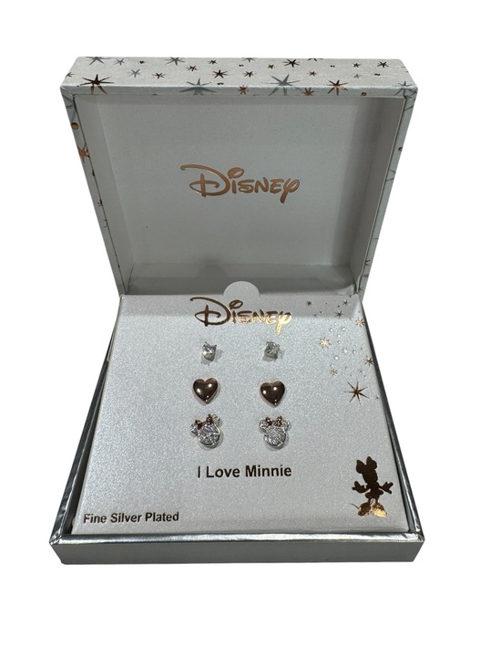 Disney Jewelry - Disney Minnie Mouse Pierced Crystal Hearts Silver Rose Gold Stud Earring Set